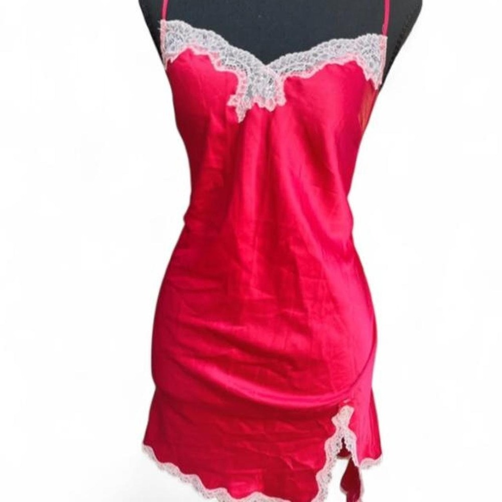 2015 Victoria's Secret Satin Slip Dress Red Lace Trim Chemise Size M Coquette